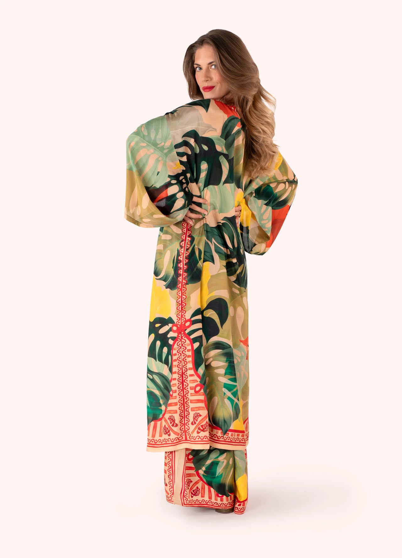 Powder Long Kimono Gown - Exotic Leaves