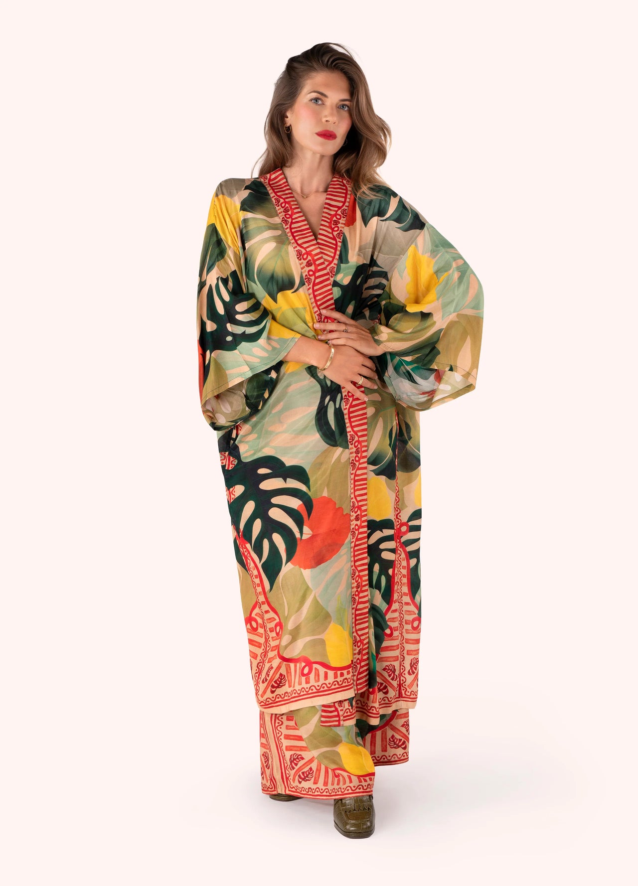 Powder Long Kimono Gown - Exotic Leaves