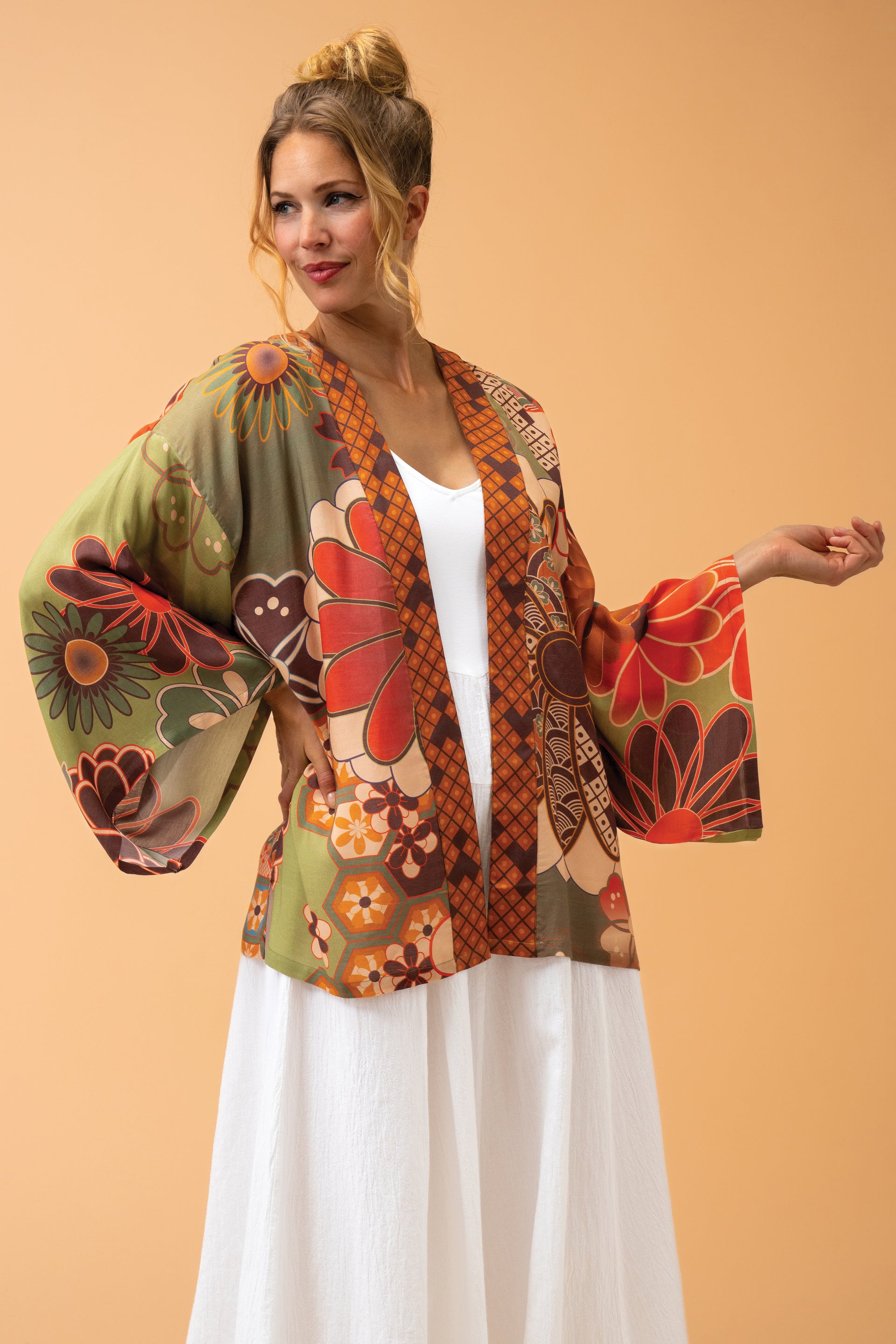 Powder 70's Kaleidoscope Floral Kimono Jacket - Sage/Bodenhams