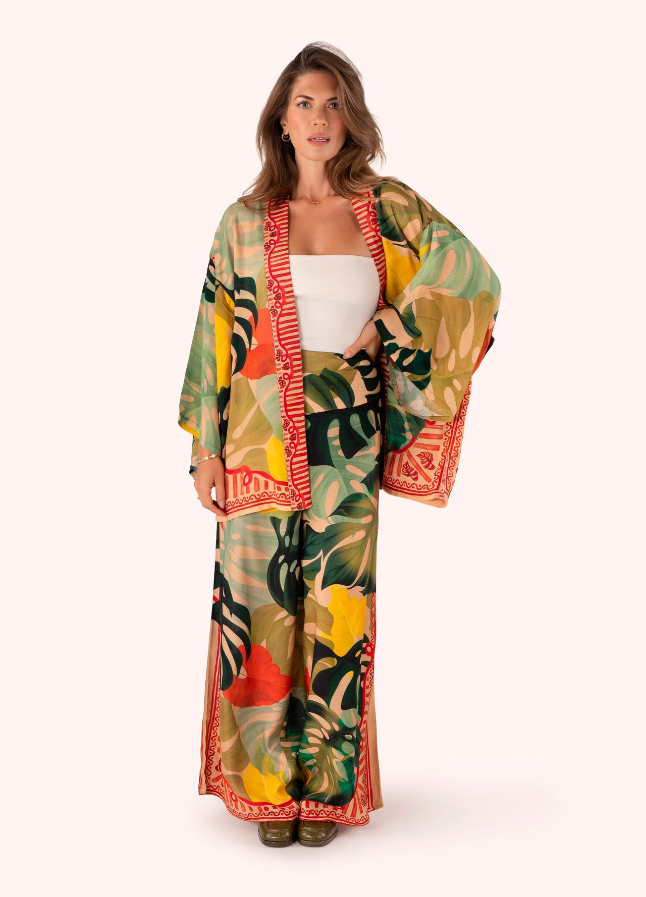 Powder Short Kimono Jacket - Exotic Leaves