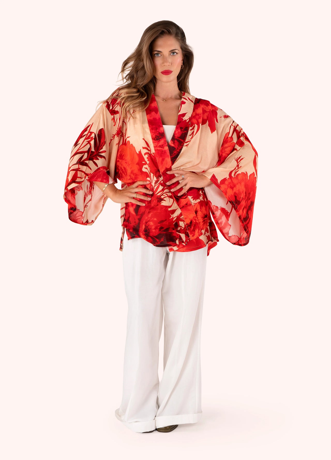 Powder Short Kimono Jacket - Rouge Blooms