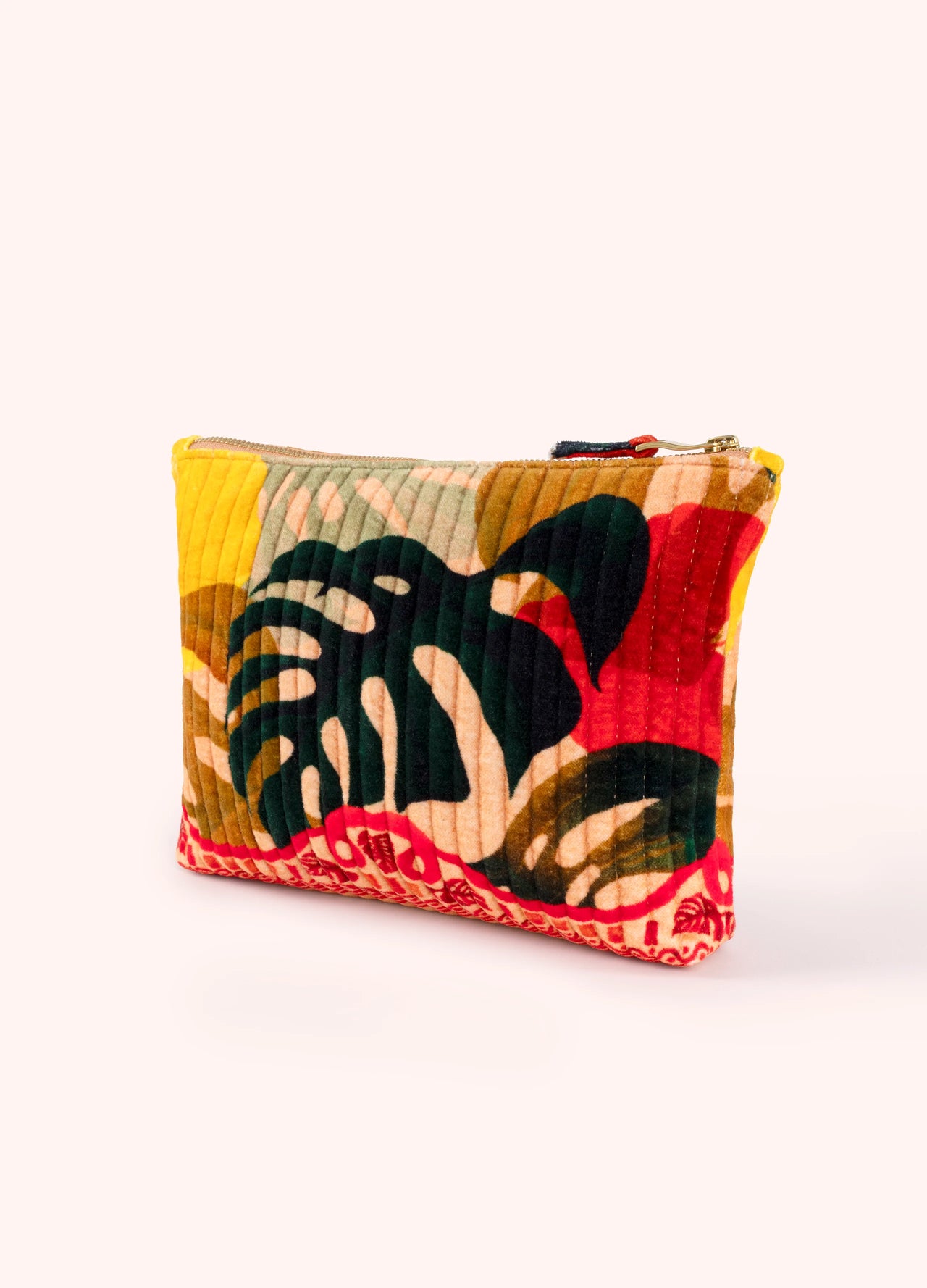 Powder Quilted Velvet Zip Pouch - Exotic Leaves