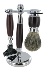 Sarome Mach 3 Heavy Brown Razor & Pure Badger Hair Brush on stand