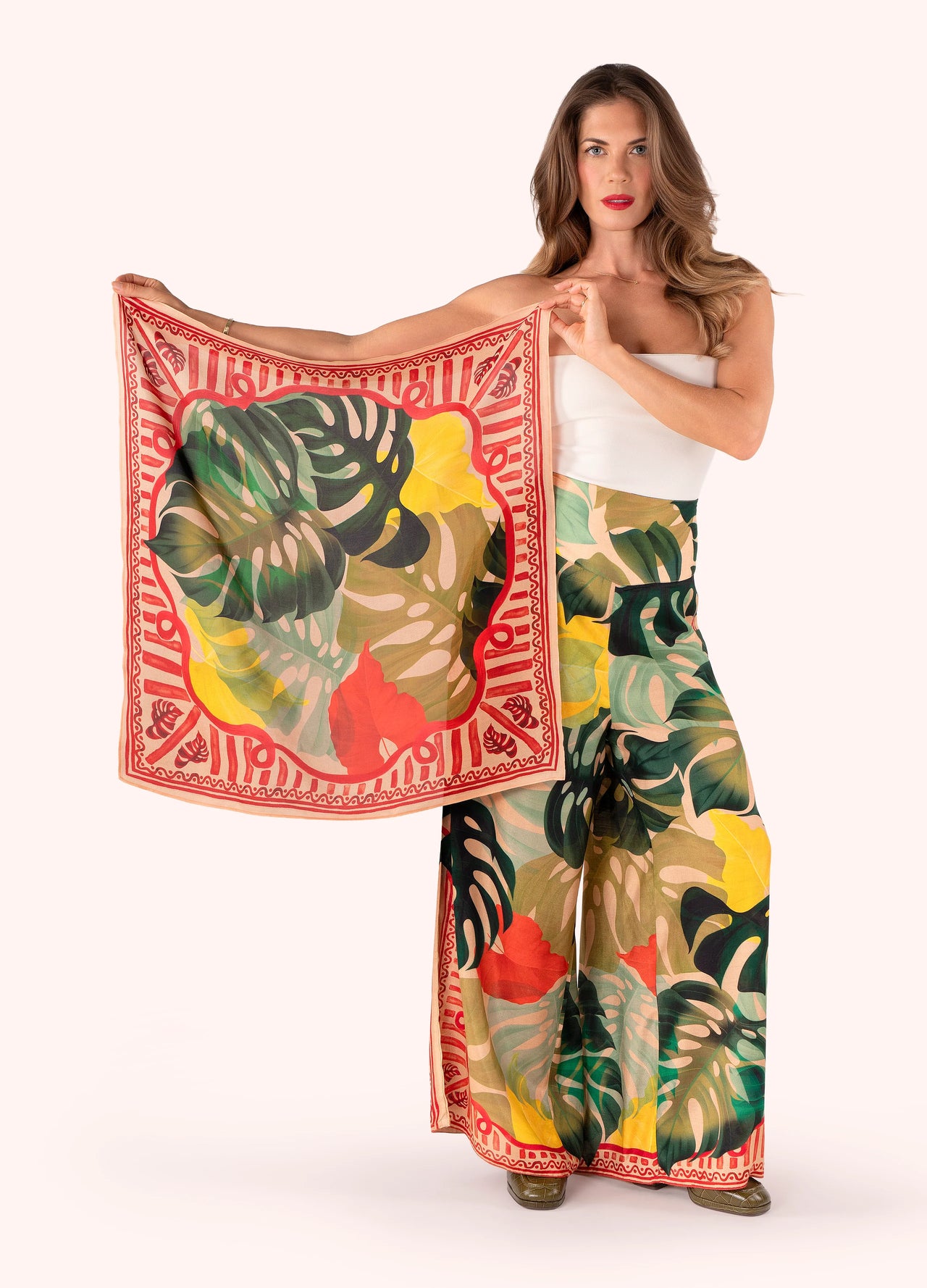 Powder Silk Square Scarf - Exotic Leaves