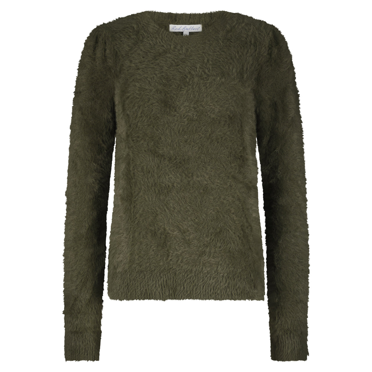Red Button Fuzzy Puff Sleeve Jumper - Olive