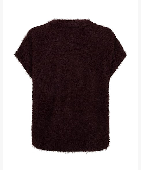 Red Button Sleeveless Fuzzy Cardigan - Burgundy