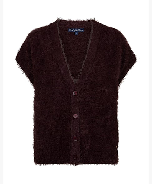 Red Button Sleeveless Fuzzy Cardigan - Burgundy
