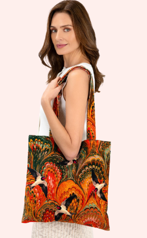 Powder Marbled Swallows Velvet Tote Bag