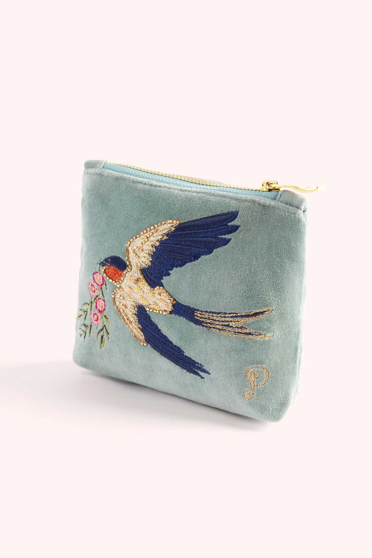 Powder Embroidered Velvet Mini Pouch - Swooping Swallows