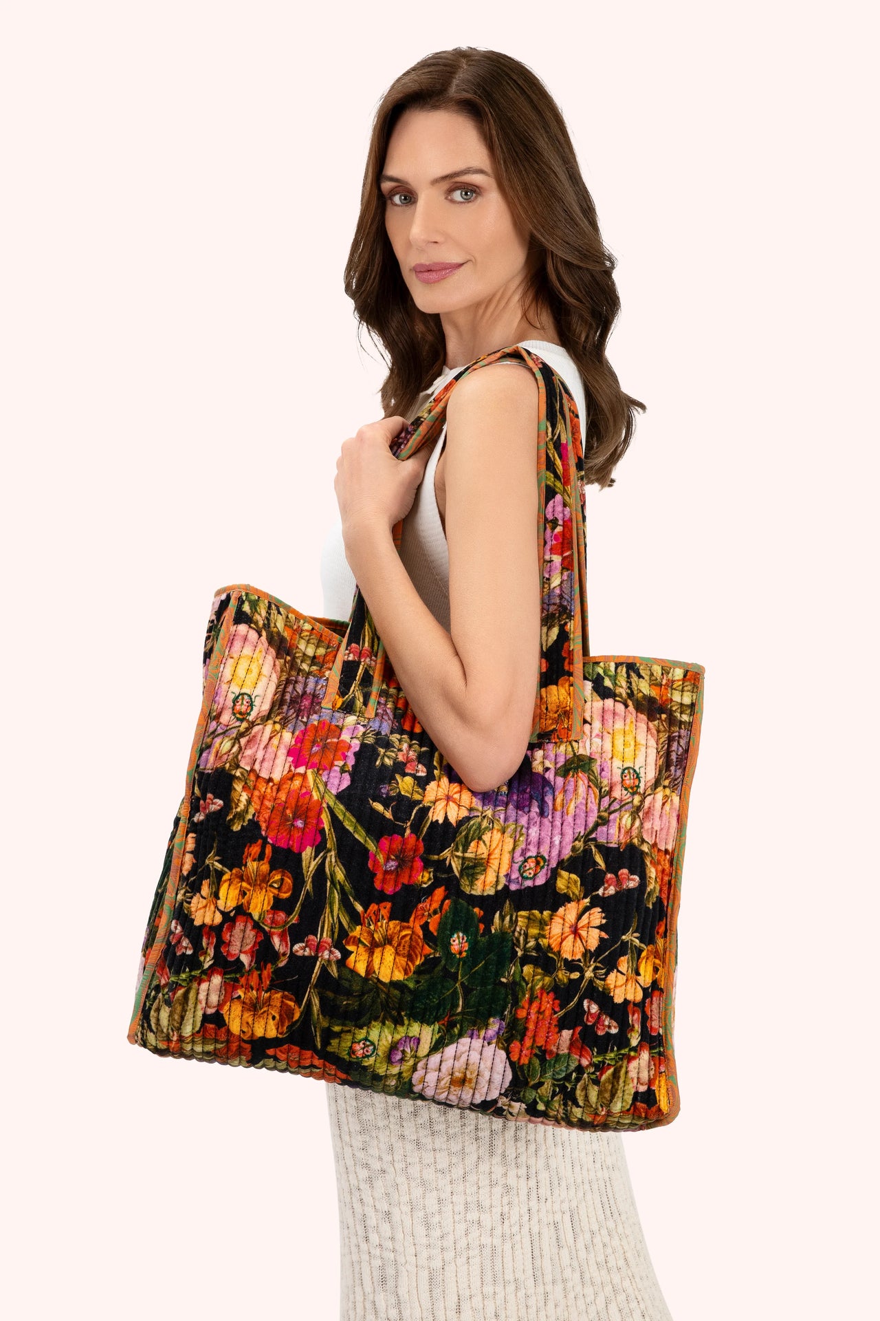 Powder Velvet Quilted Tote Bag - Midnight Posy