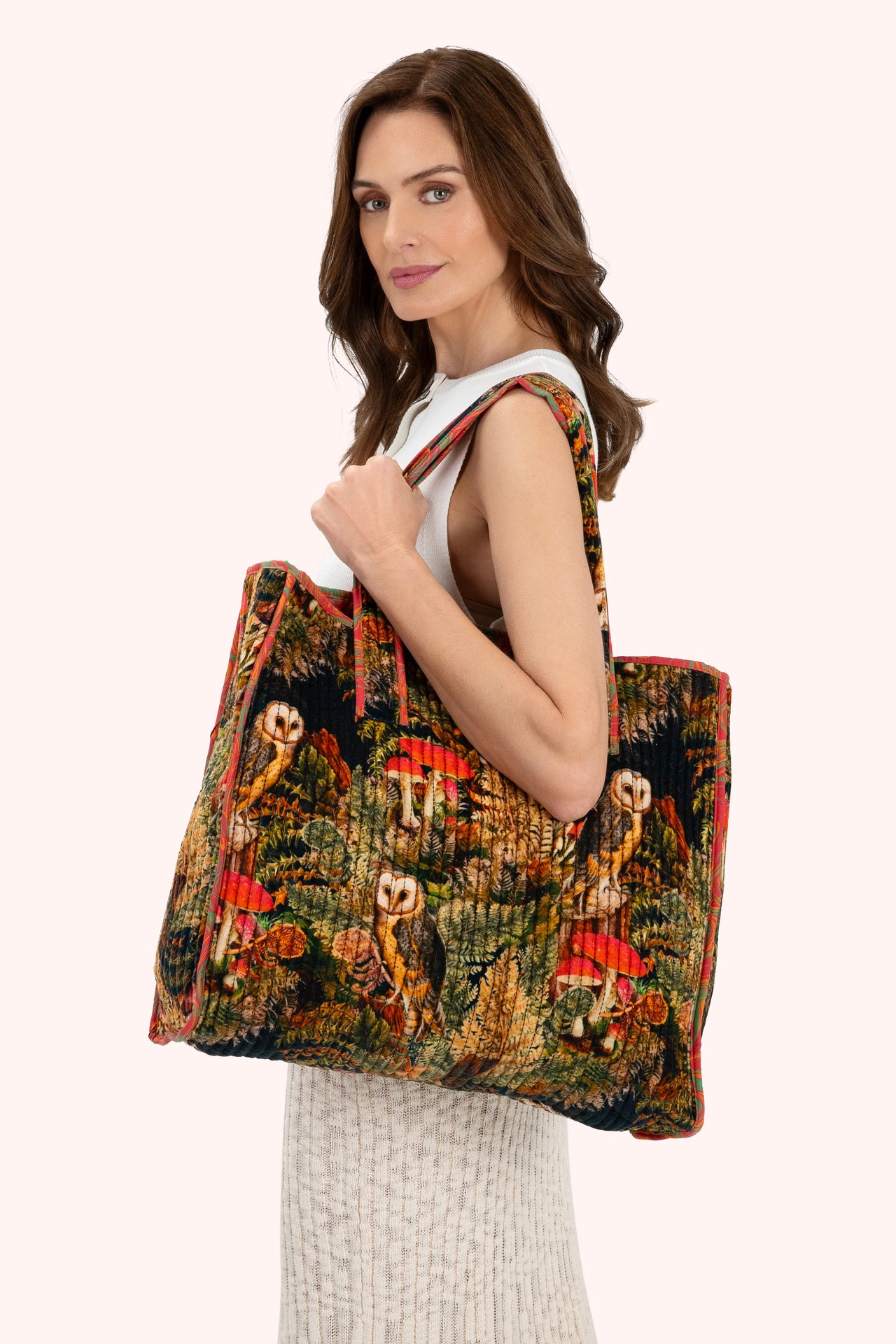 Powder Velvet Quilted Tote Bag - Woodland Owl