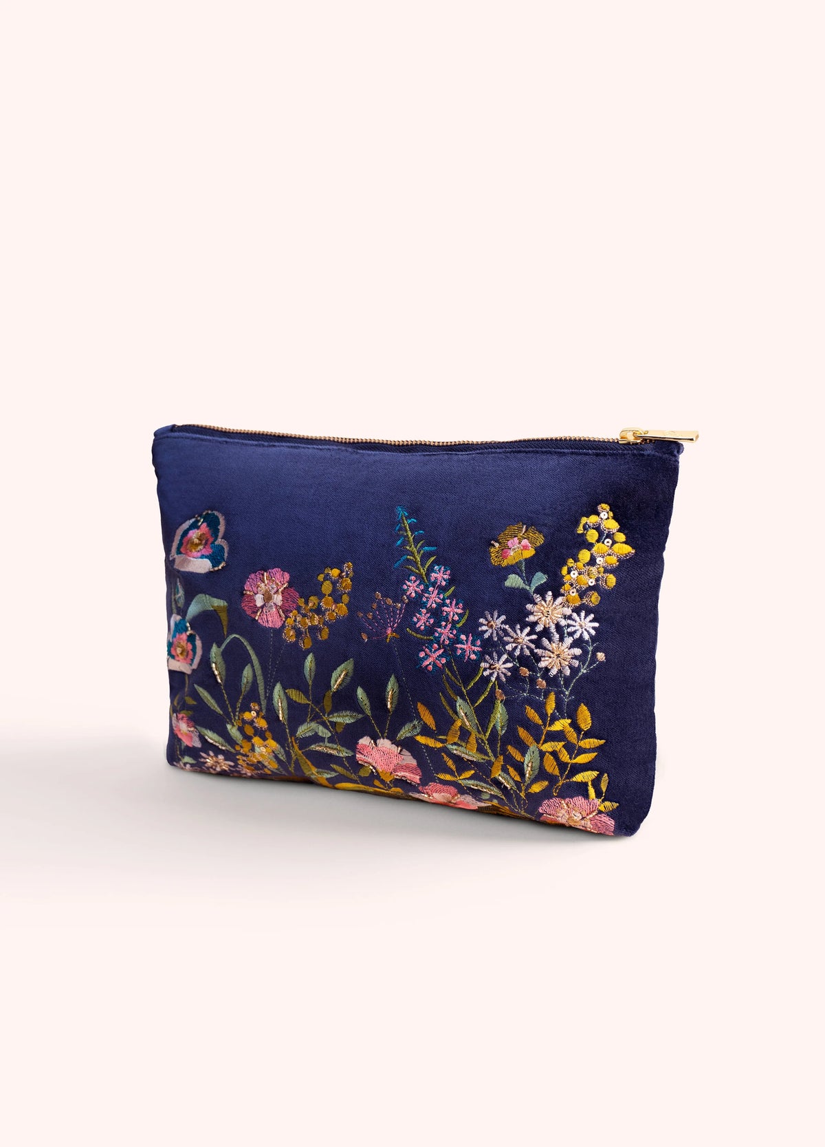 Powder Hedgerow Velvet Zip Pouch - Navy Floral