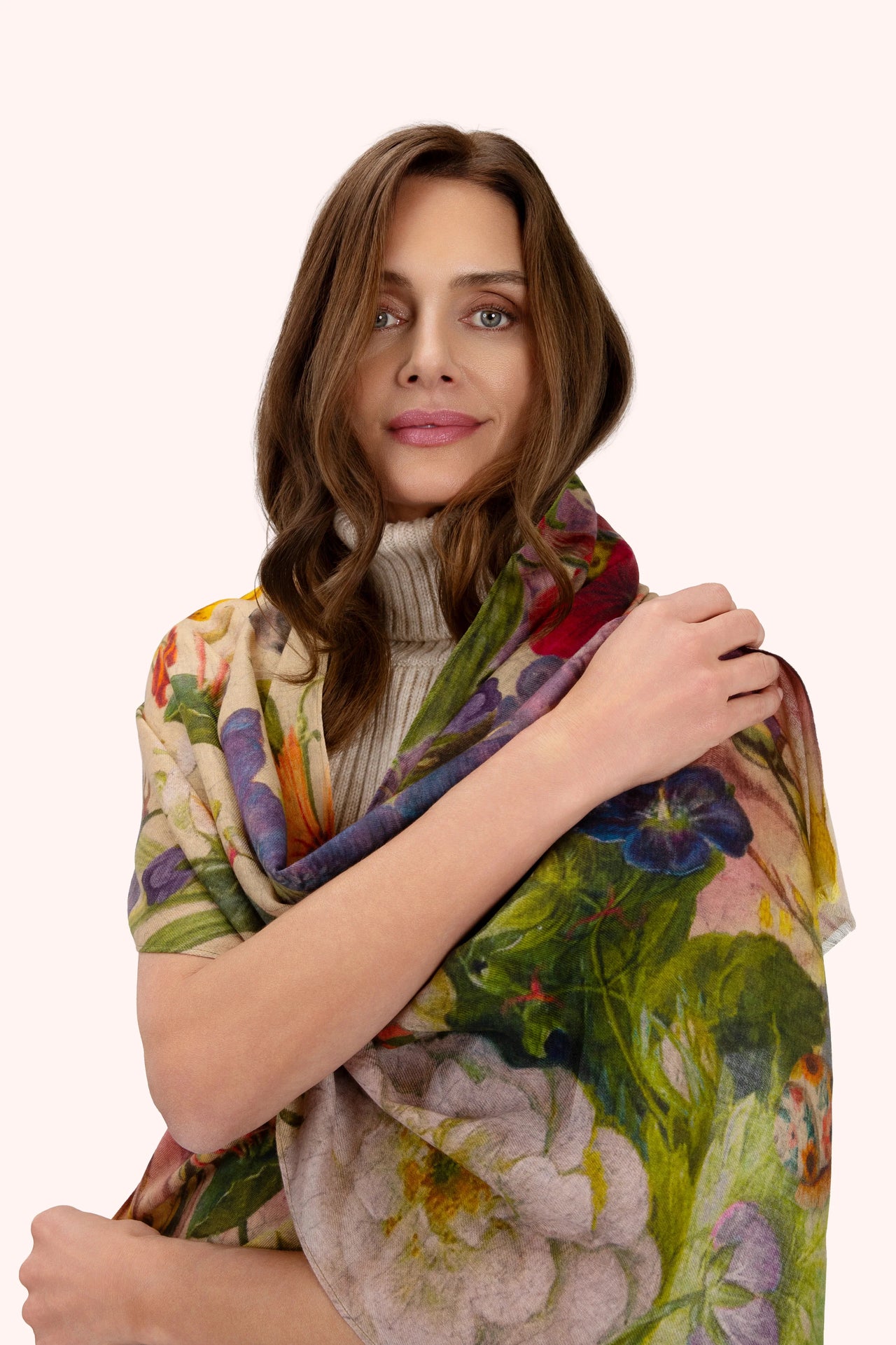 Powder Autumn Wool Wrap Scarf - Cream Posy