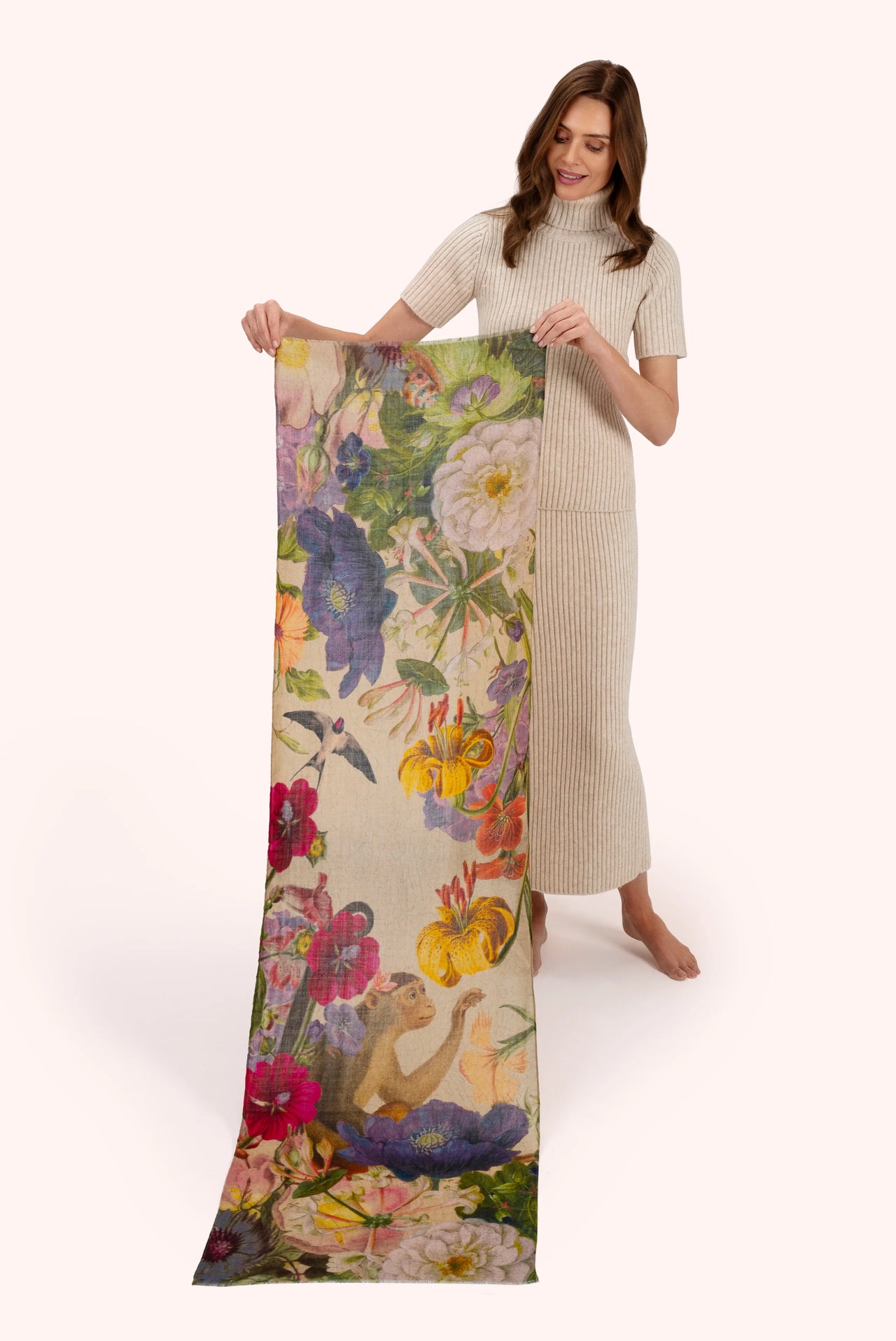 Powder Autumn Wool Wrap Scarf - Cream Posy