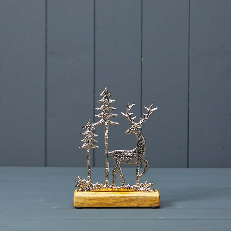 Satchville Silver Deer With Trees On Wooden Base