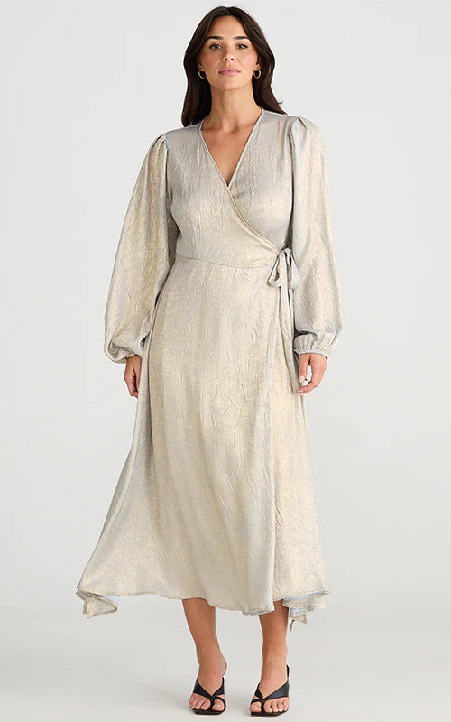Brave & True Jessica Textured Foil Champagne Wrap Dress