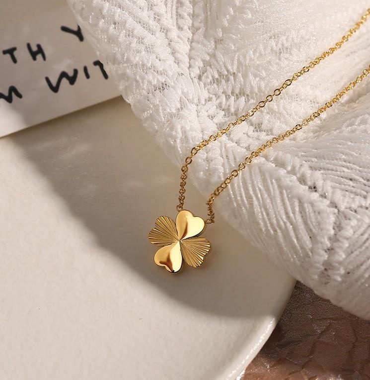 White Leaf Etched Clover Necklace