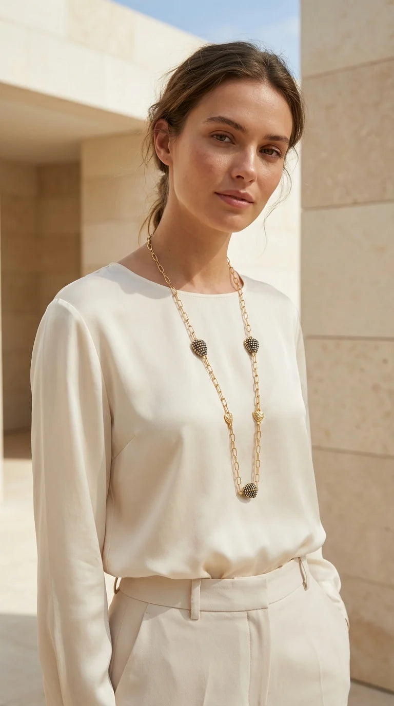 Envy Long gold necklace with textured and beaded hearts
