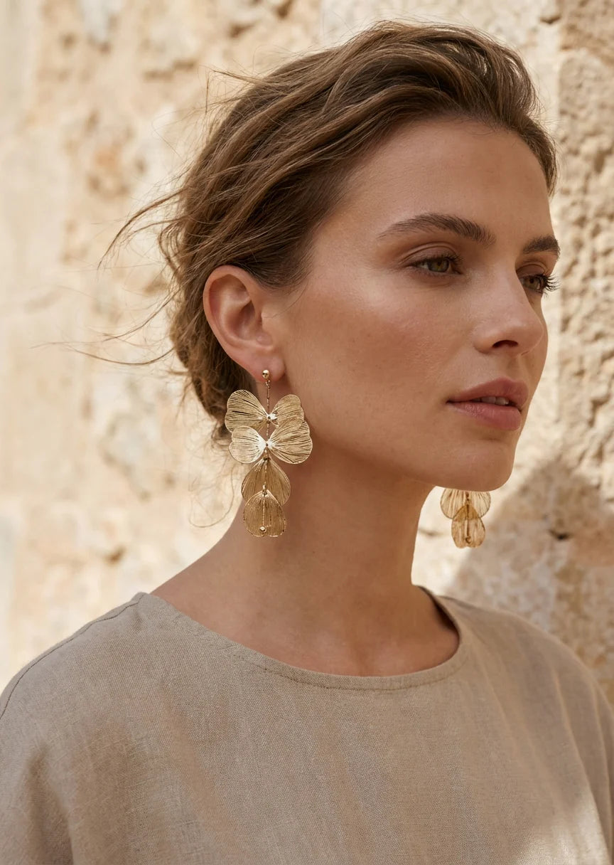 Envy Long Gold Petal Design Earrings