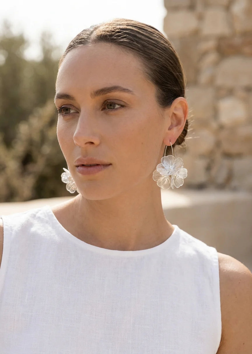 Envy Long Silver Petal Design Earrings