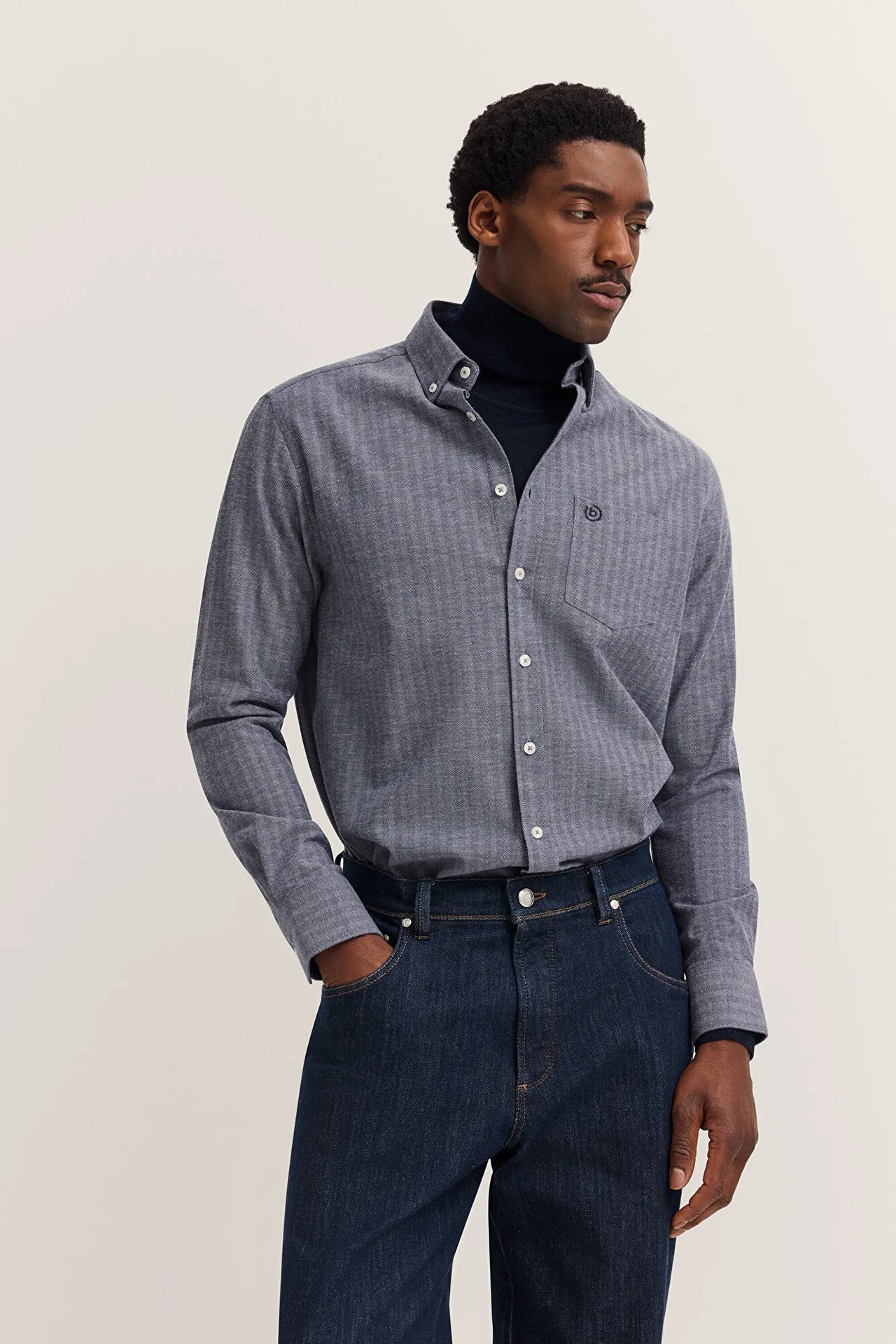 Bugatti Navy Blue Herringbone Warm Casual Long Sleeve Shirt