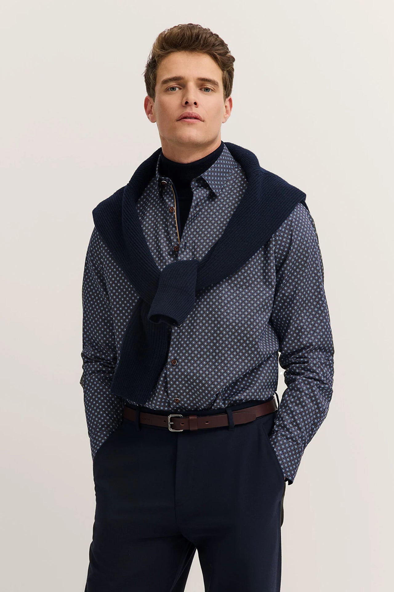Bugatti Navy Blue & Brown Print Casual Long Sleeve Shirt