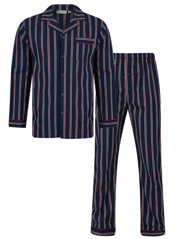 Walker Reid Woven Stripe Button Through Tailored Pyjamas - Navy