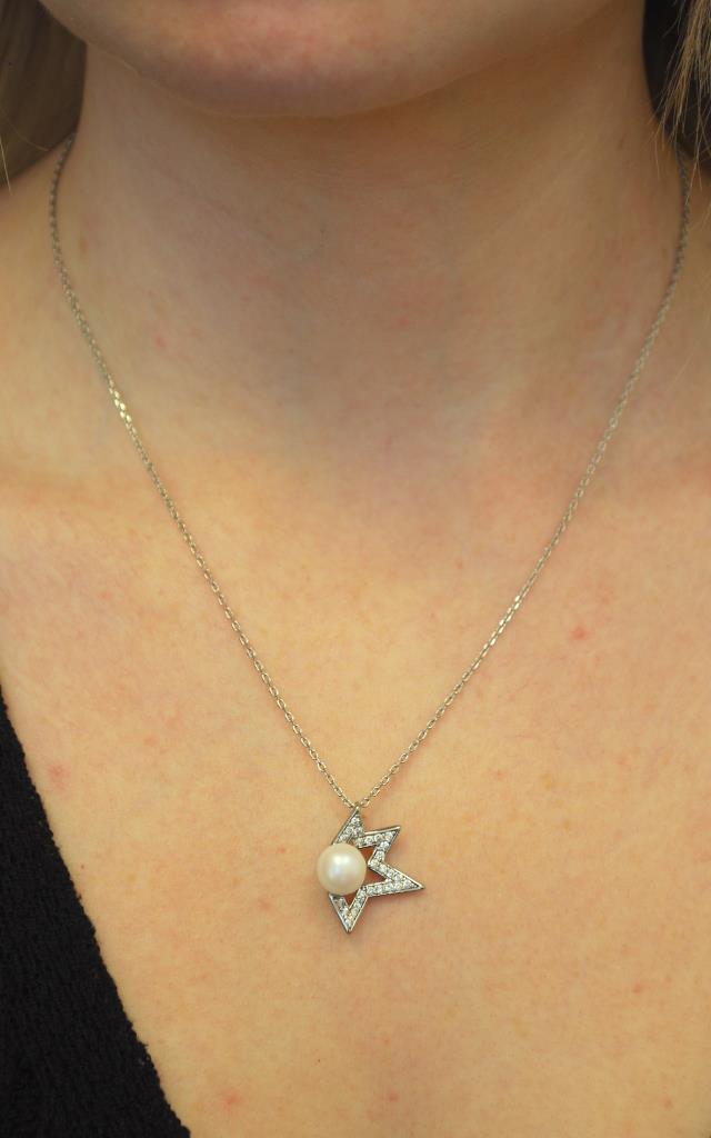 White Leaf Silver Half Star Crystal & Pearl Necklace