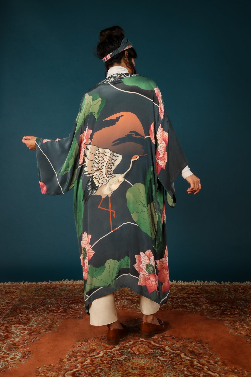 Powder Luxury Kimono Gown - Crane At Sunrise