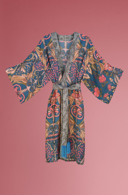 Powder Decorative Damsak Kimono Gown - Denim