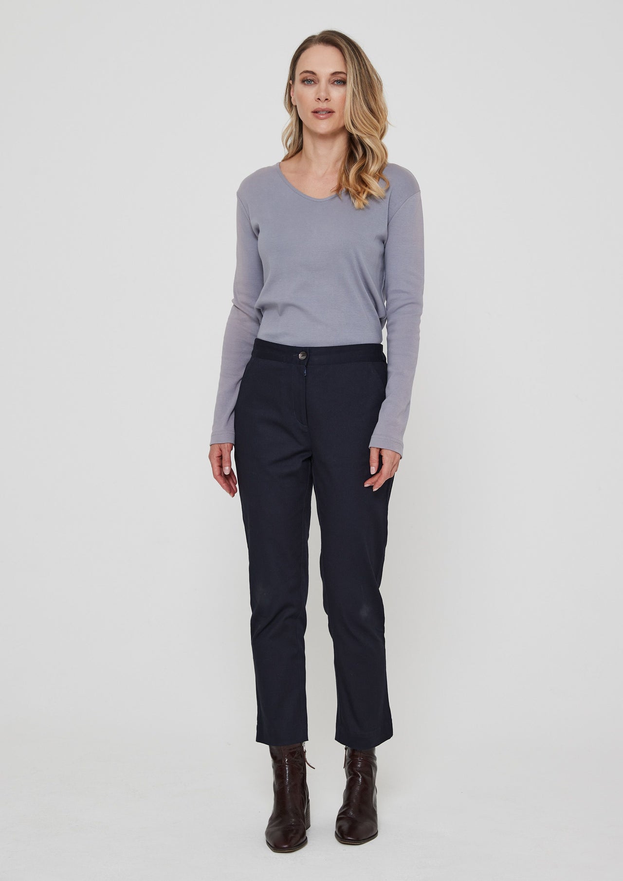 Adini Iris Solid Stretch Cotton Navy Trousers