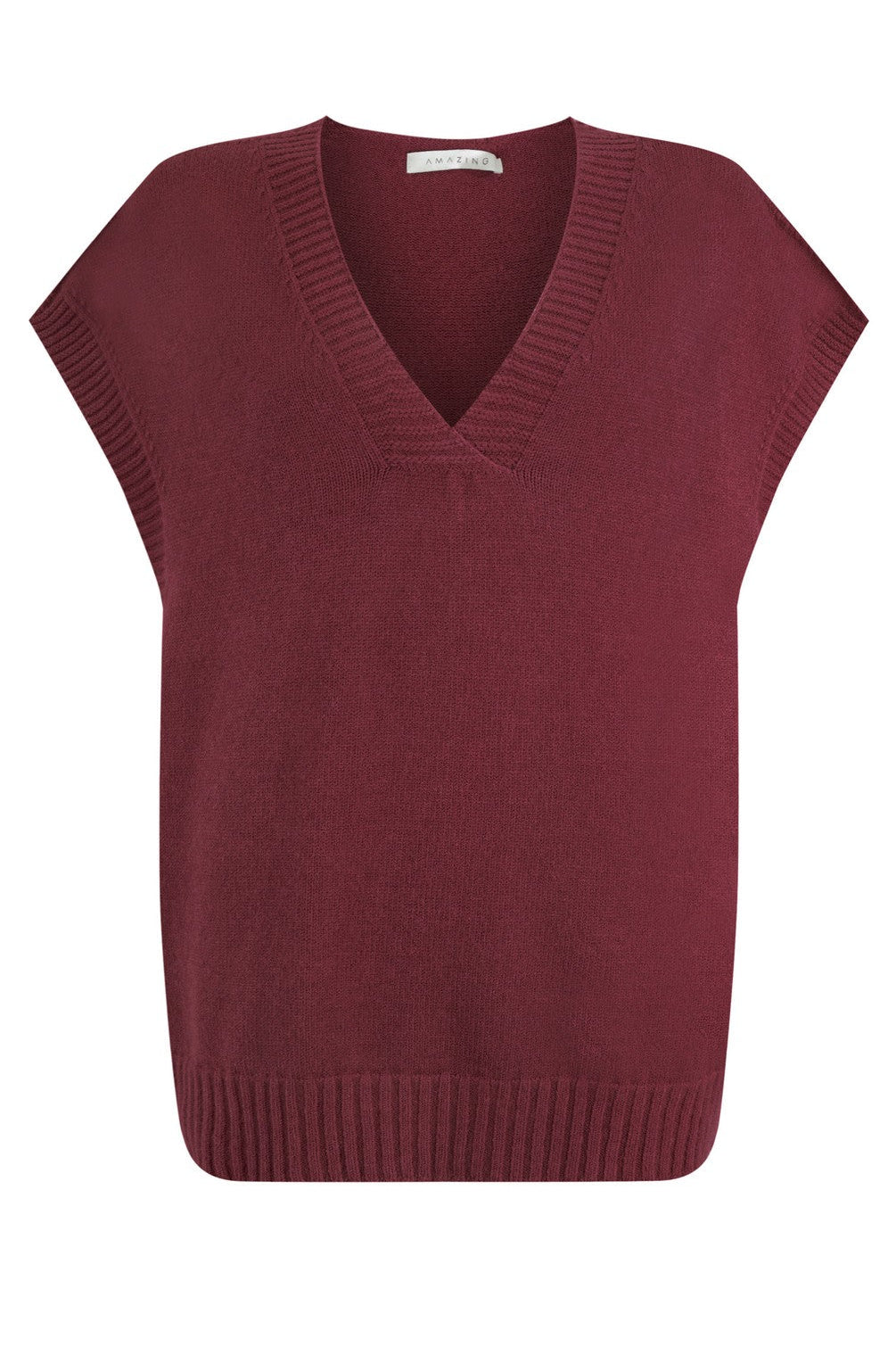 A mulberry purple knitted vest with a V-neckline, sleeveless design, and finely ribbed trims.
