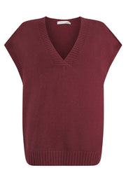 A mulberry purple knitted vest with a V-neckline, sleeveless design, and finely ribbed trims.