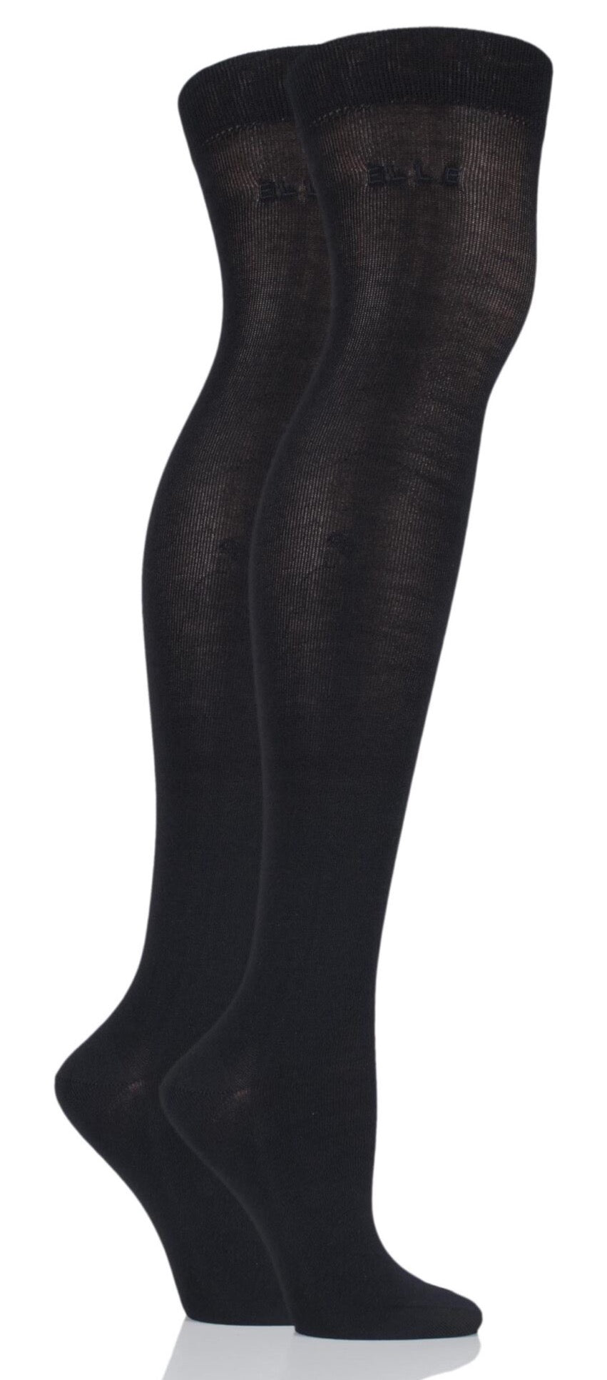 Elle 2 Pair Plain Bamboo Over The Knee Socks - Black