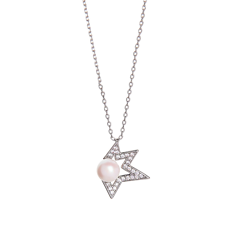 White Leaf Silver Half Star Crystal & Pearl Necklace