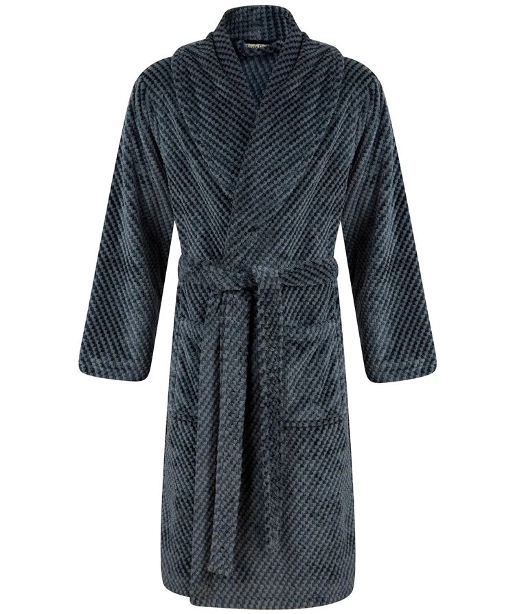 Walker Reid Jacquard Check Flannel Fleece 49" Long Sleeve Shawl Collar Wrap - Grey
