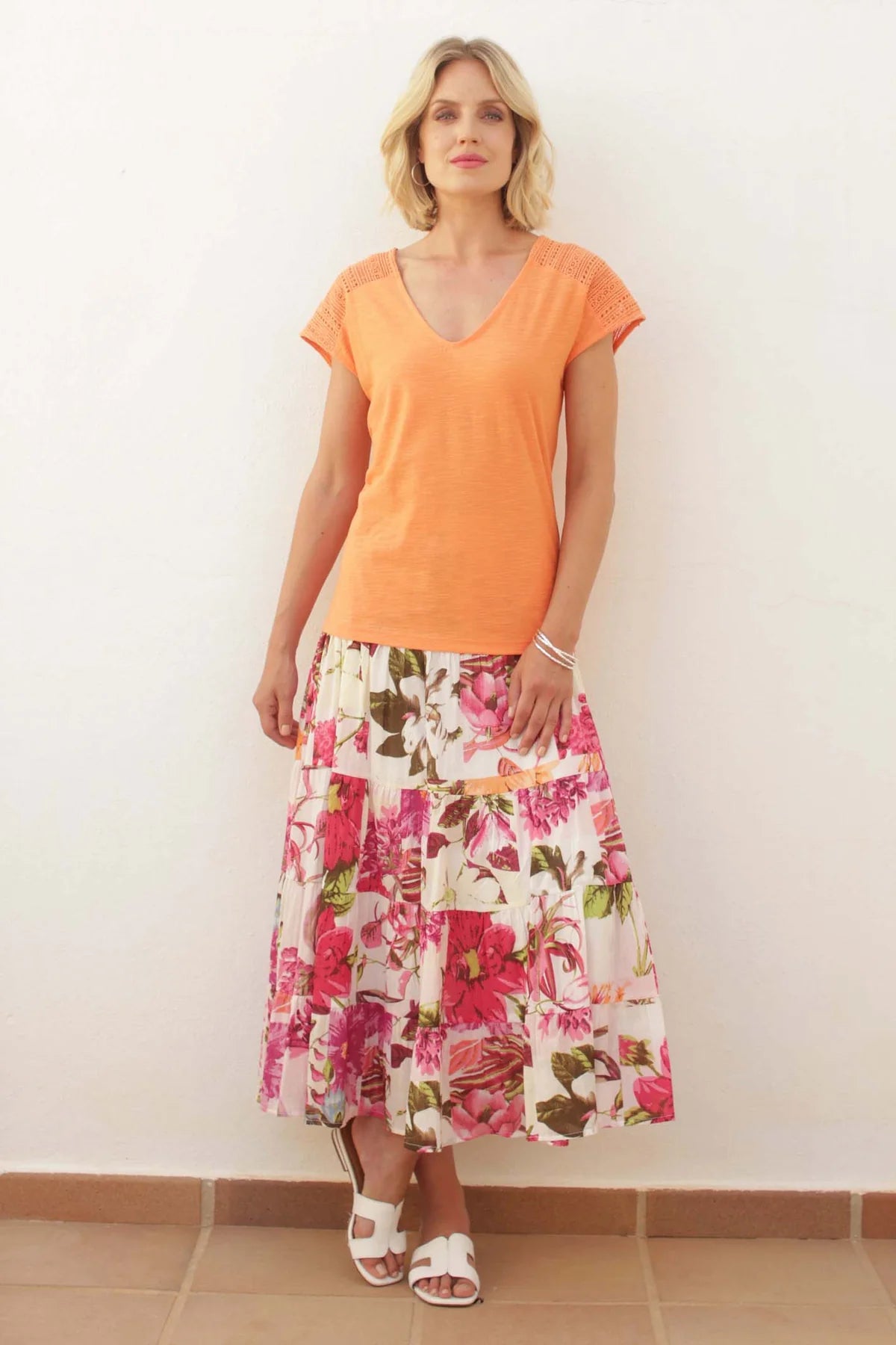 Pomodoro Romantic Foral Tiered Skirt - Pink